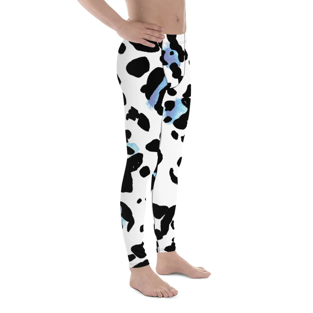 Leopard Animal Print Men's Leggings, White Blue Leopard Animal Print Best Premium Running Tights For Men - Made in USA/EU/MX