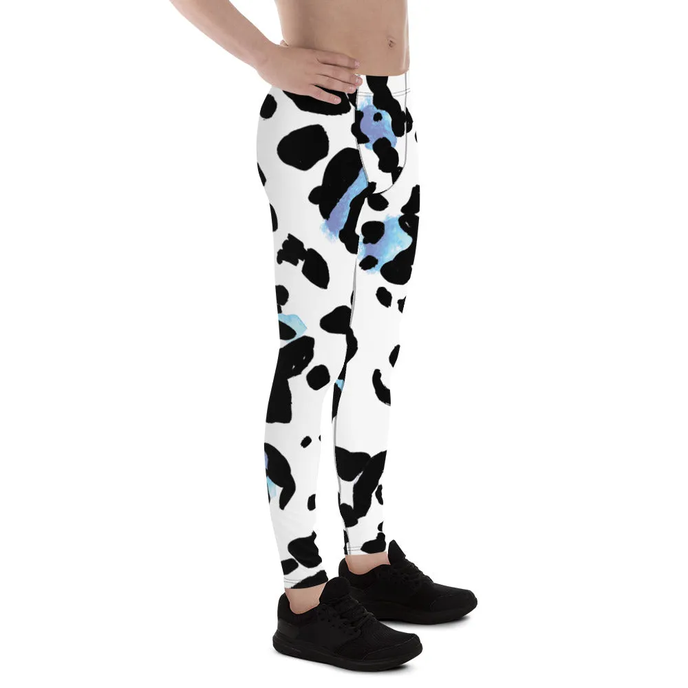 Leopard Animal Print Men's Leggings, White Blue Leopard Animal Print Best Premium Running Tights For Men - Made in USA/EU/MX