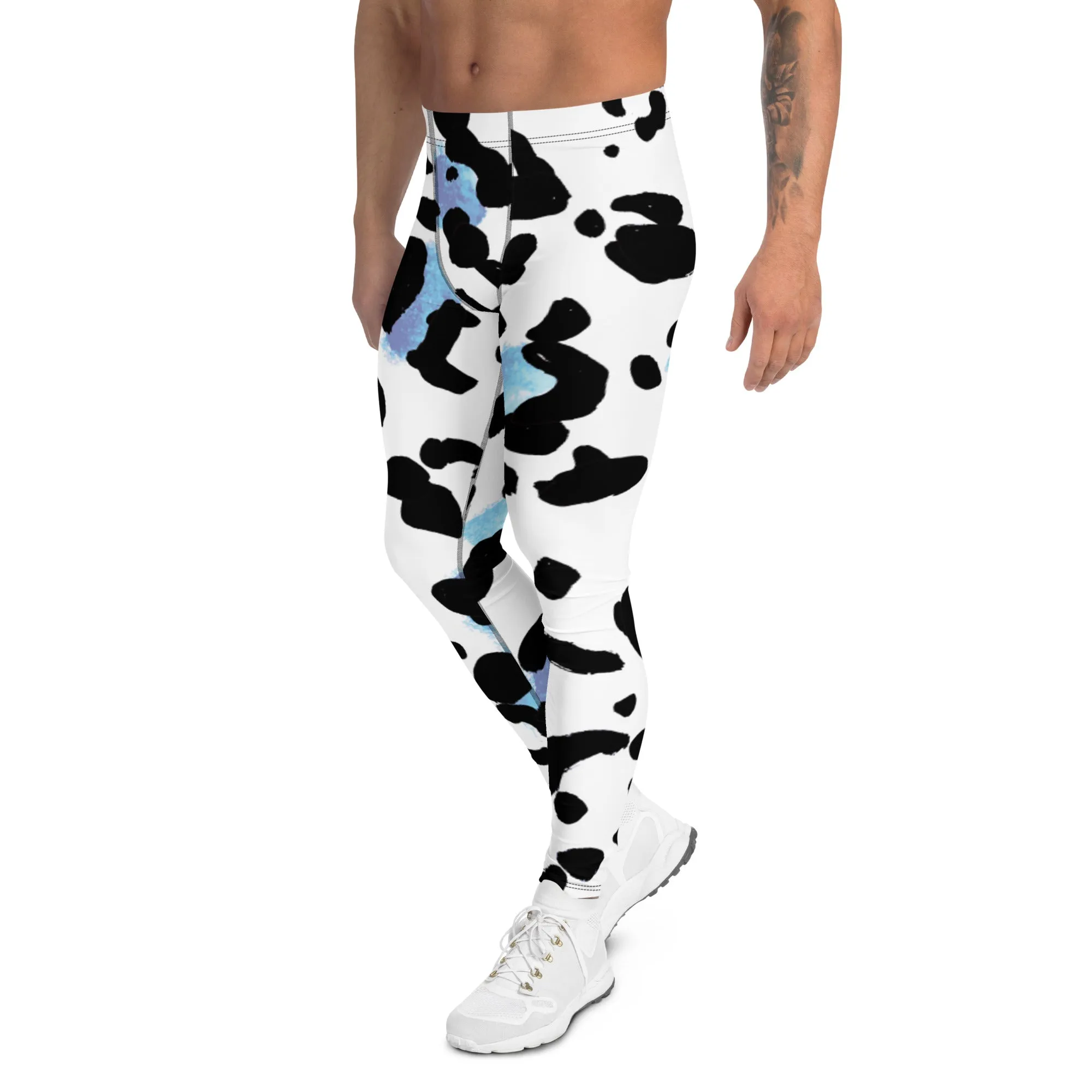 Leopard Animal Print Men's Leggings, White Blue Leopard Animal Print Best Premium Running Tights For Men - Made in USA/EU/MX