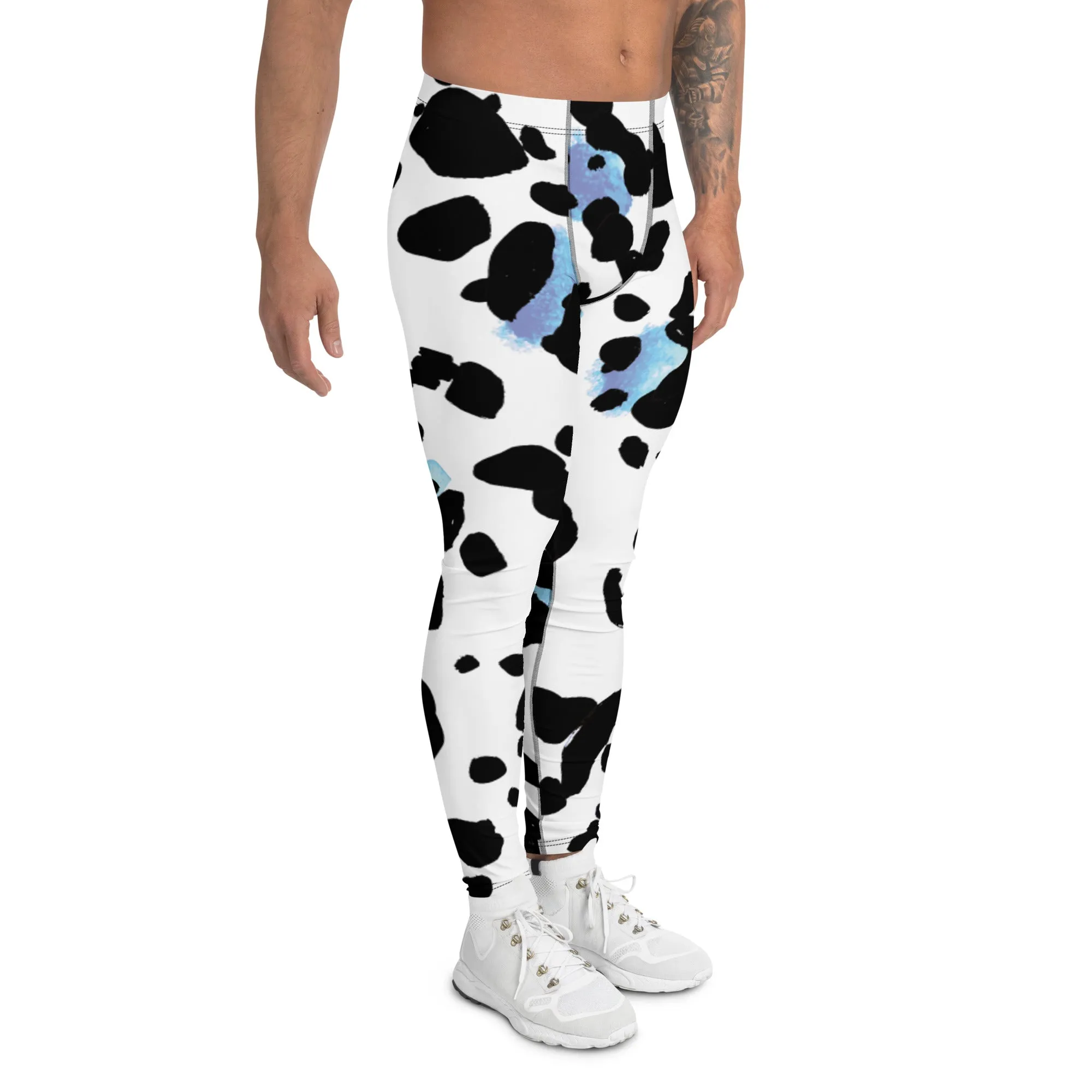 Leopard Animal Print Men's Leggings, White Blue Leopard Animal Print Best Premium Running Tights For Men - Made in USA/EU/MX