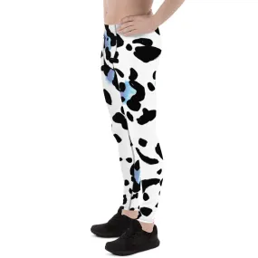 Leopard Animal Print Men's Leggings, White Blue Leopard Animal Print Best Premium Running Tights For Men - Made in USA/EU/MX