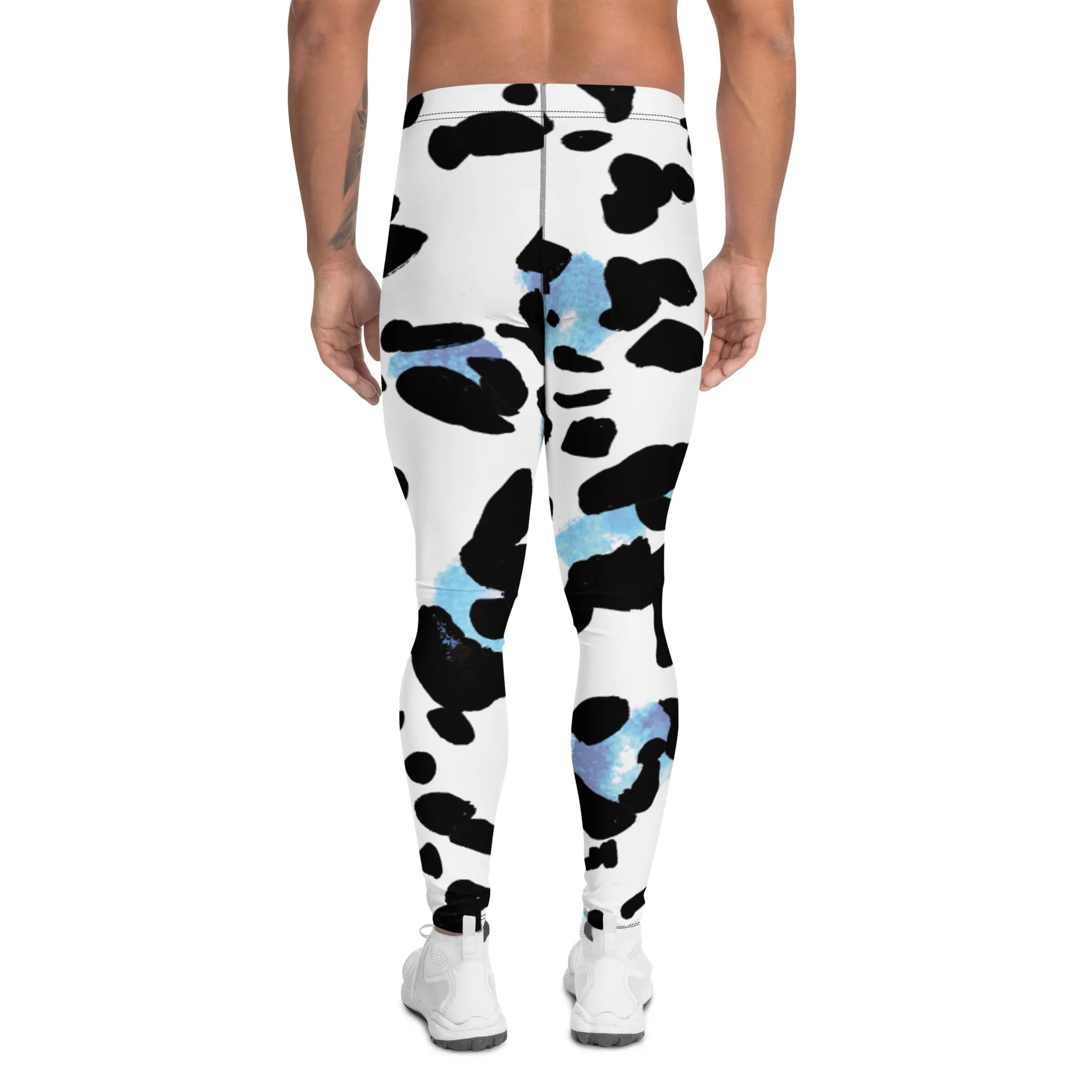 Leopard Animal Print Men's Leggings, White Blue Leopard Animal Print Best Premium Running Tights For Men - Made in USA/EU/MX