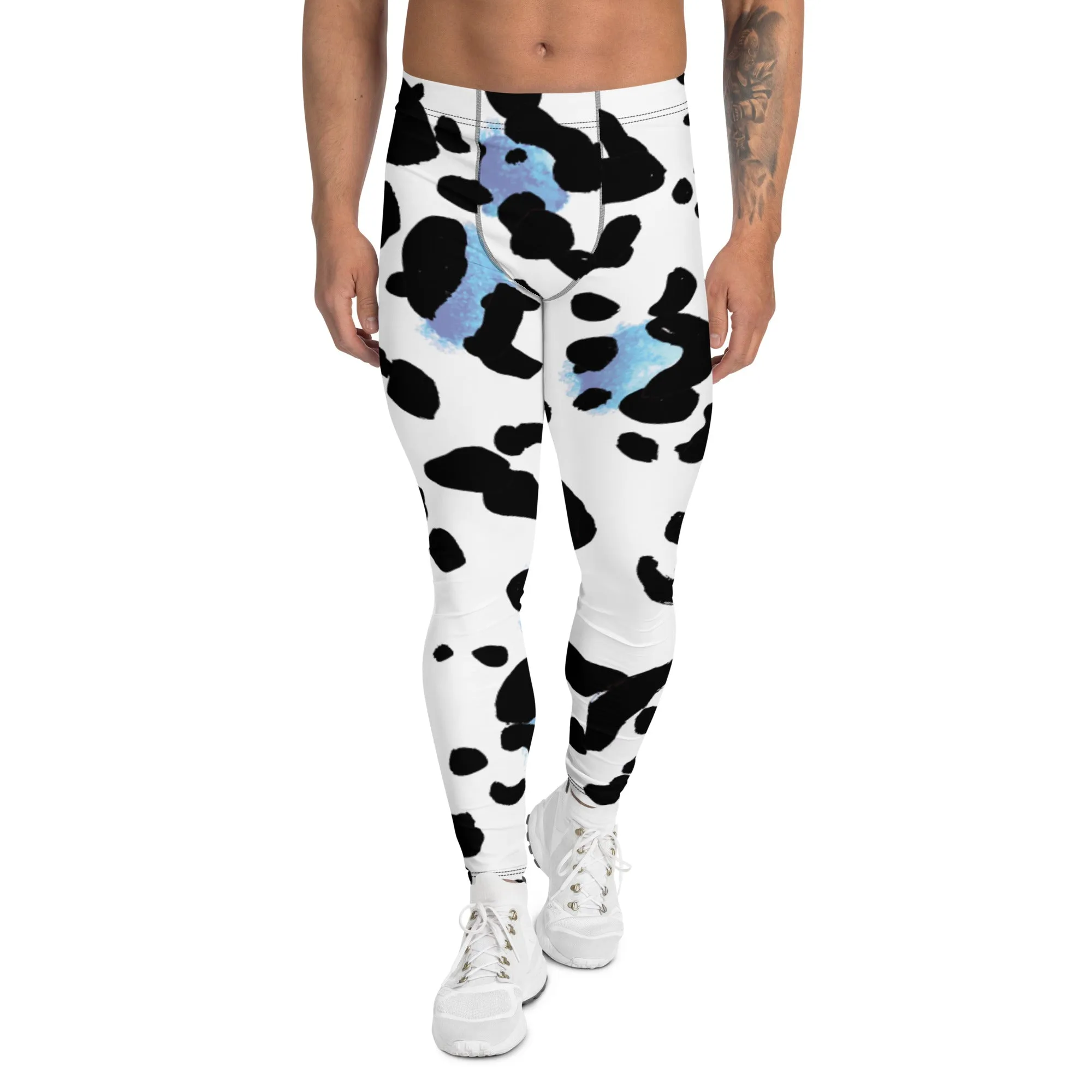 Leopard Animal Print Men's Leggings, White Blue Leopard Animal Print Best Premium Running Tights For Men - Made in USA/EU/MX