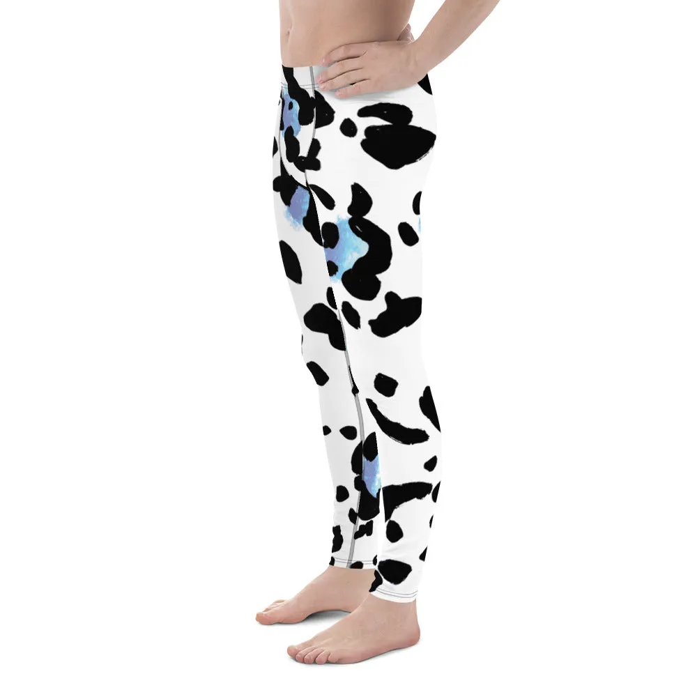 Leopard Animal Print Men's Leggings, White Blue Leopard Animal Print Best Premium Running Tights For Men - Made in USA/EU/MX