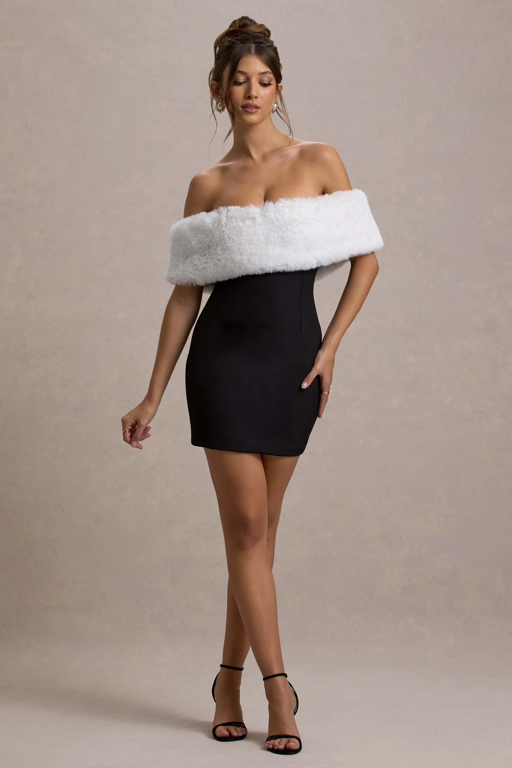 Little Luxe | Black Bardot Mini Dress With White Fur Trim