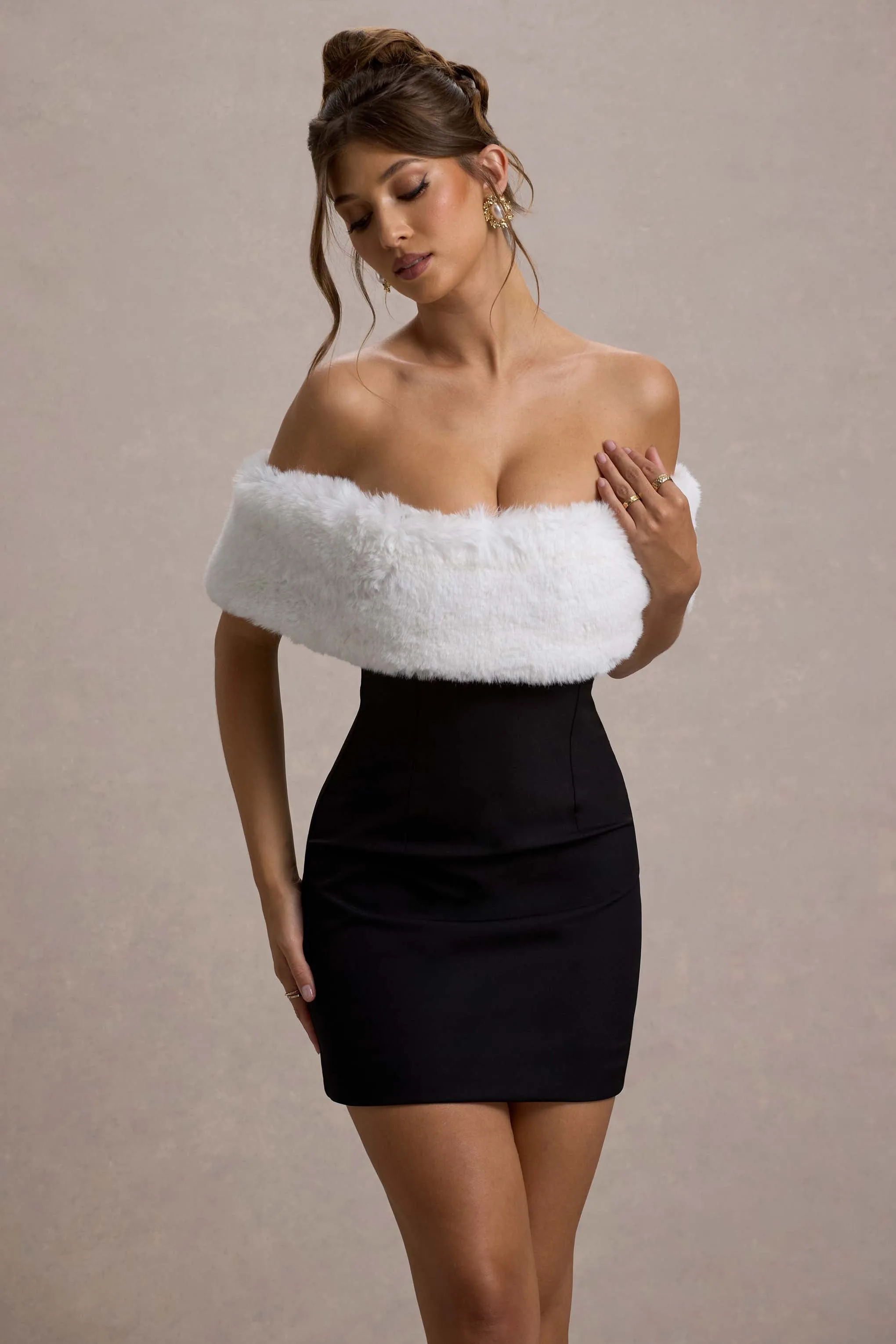 Little Luxe | Black Bardot Mini Dress With White Fur Trim