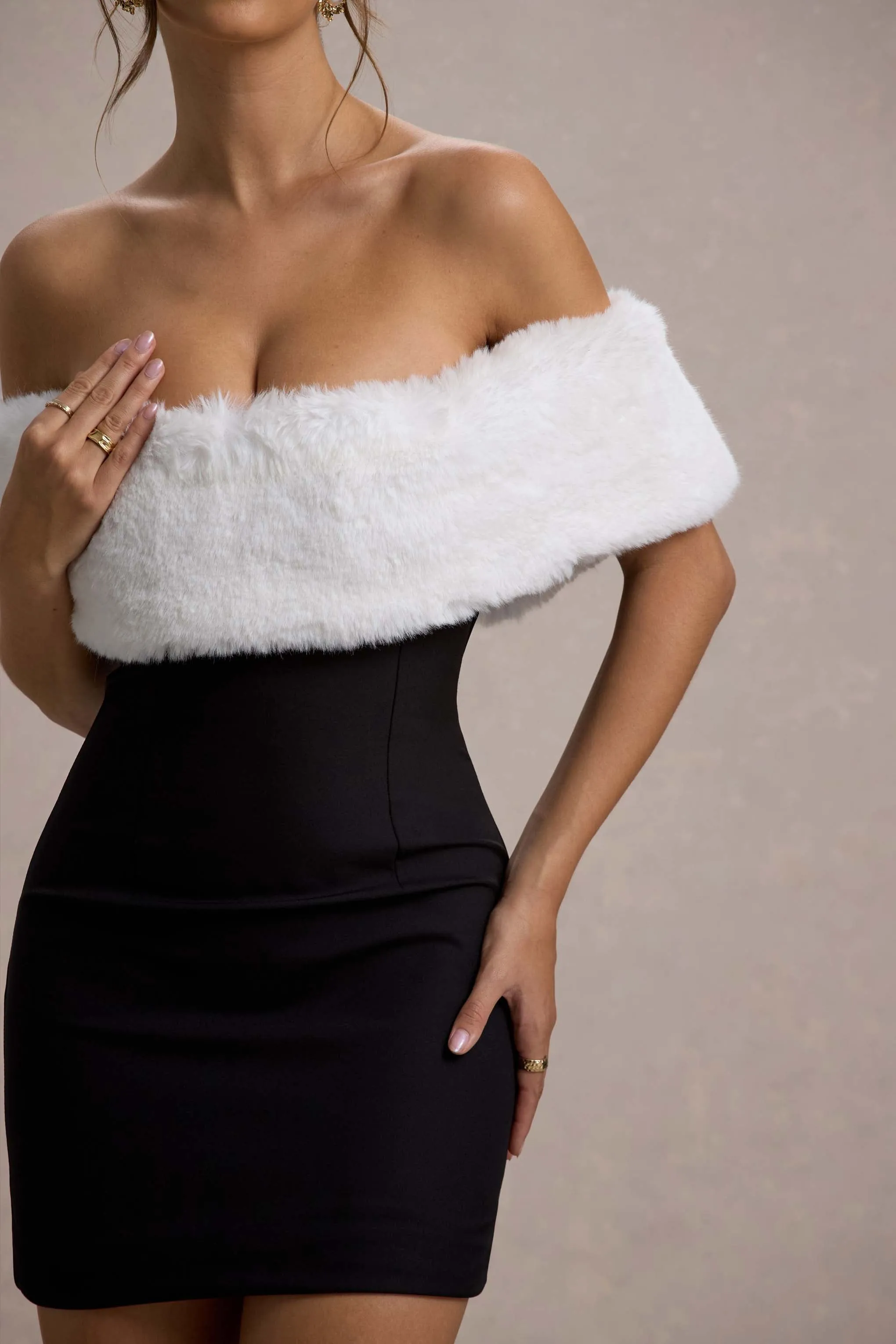 Little Luxe | Black Bardot Mini Dress With White Fur Trim