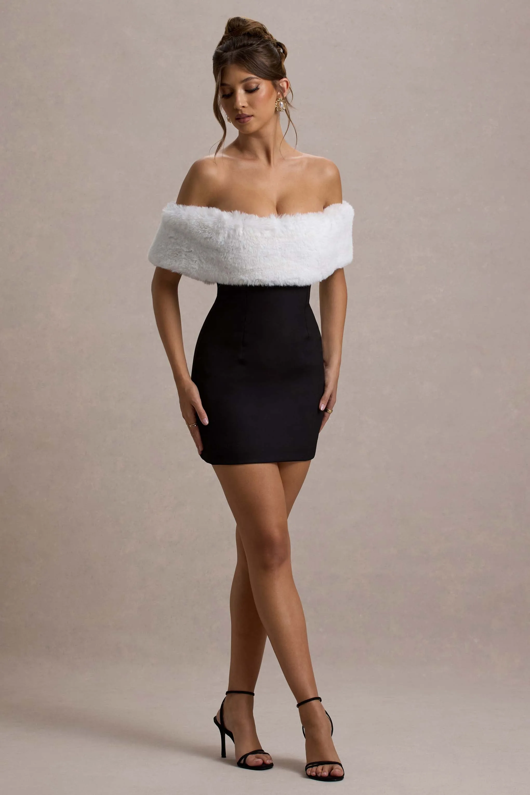 Little Luxe | Black Bardot Mini Dress With White Fur Trim