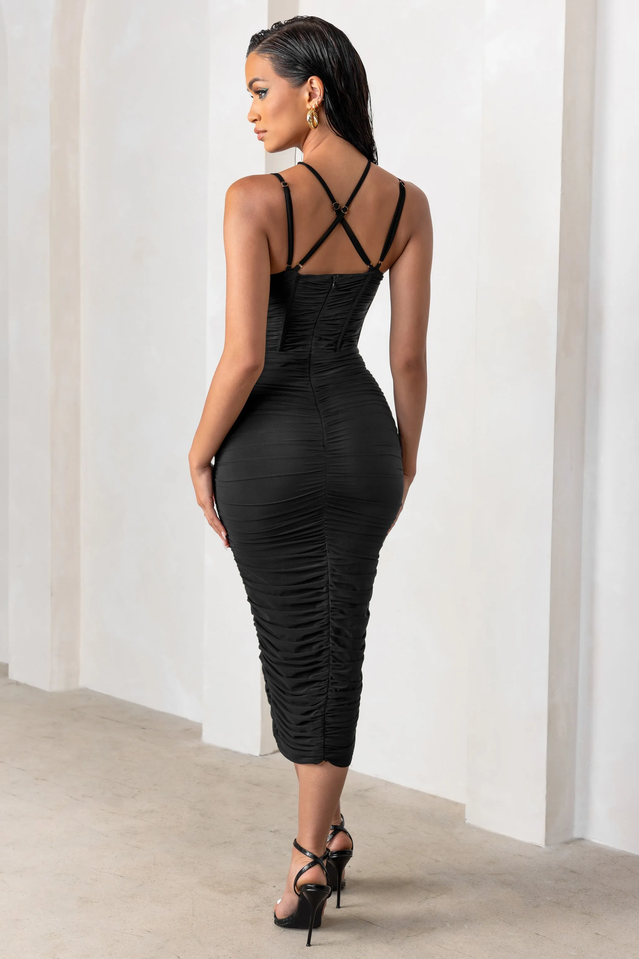 Liveliness | Black Halter Neck Midi Dress With Mesh Overlay