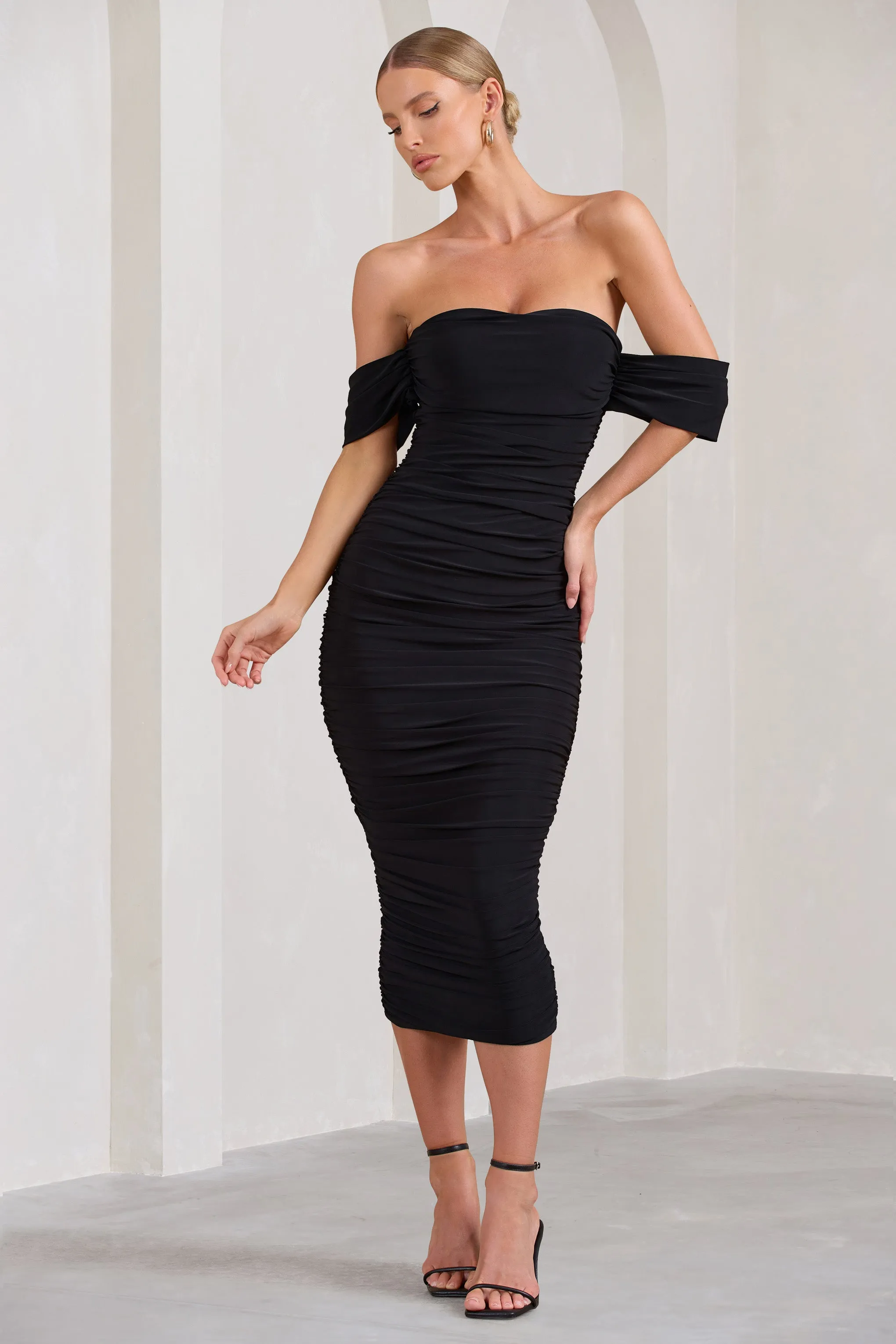 Lost For Words | Black Bardot Ruched Draped Midi Dress