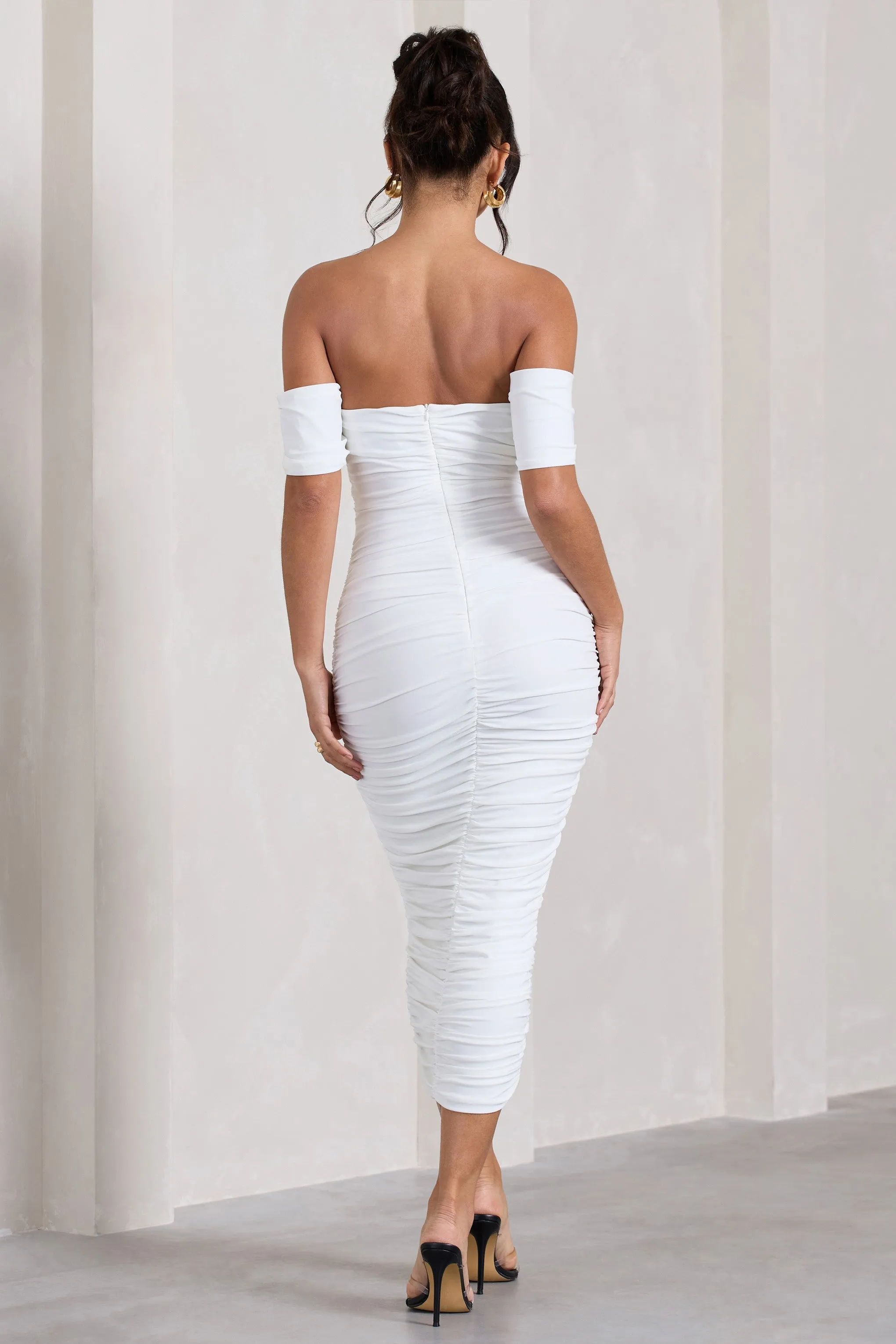 Lost For Words | White Bardot Ruched Draped Midi Dress