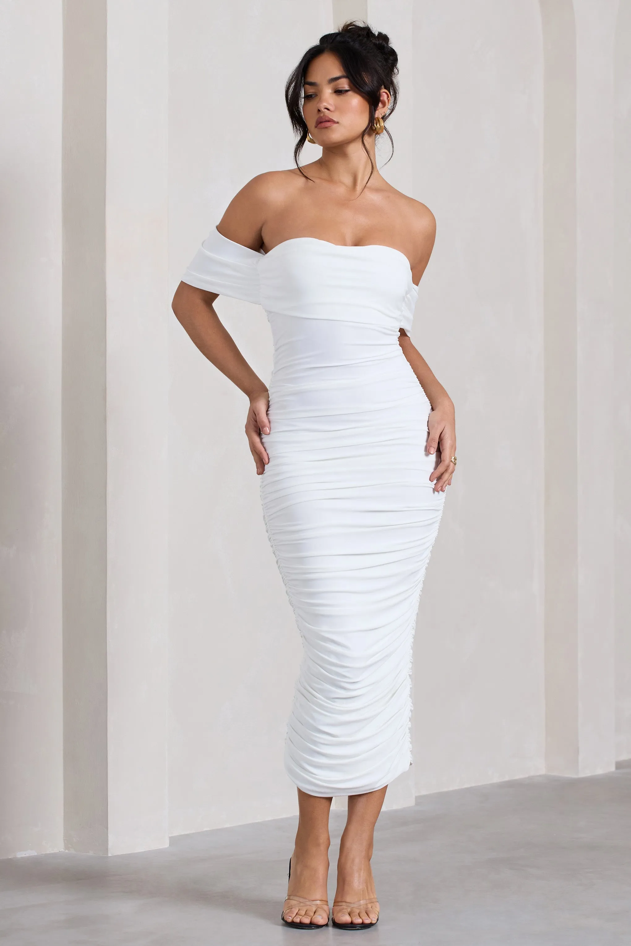 Lost For Words | White Bardot Ruched Draped Midi Dress