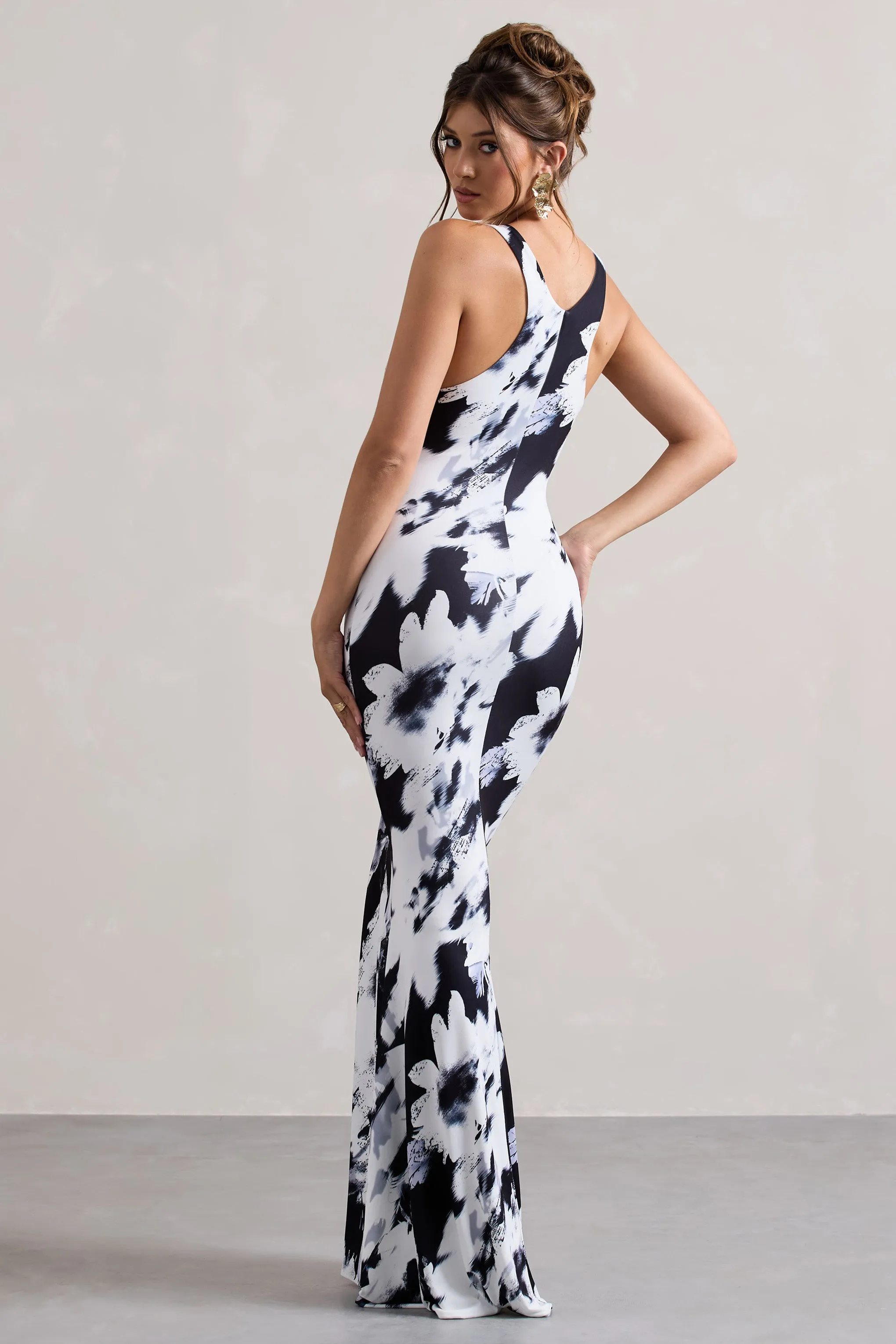 Mahina | Monochrome Floral Print Square-Neck Maxi Dress