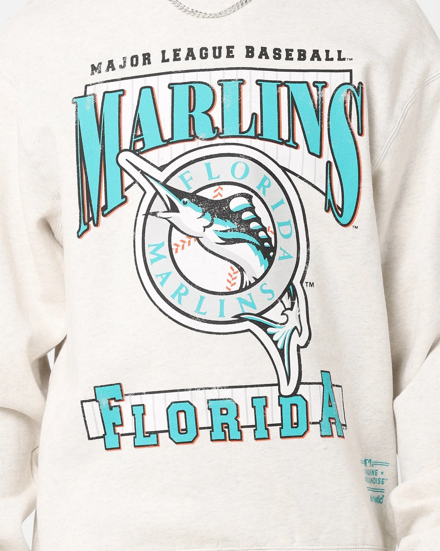 Majestic Athletic Florida Marlins LGU Arch Crew Sweatshirt Vintage White Marle