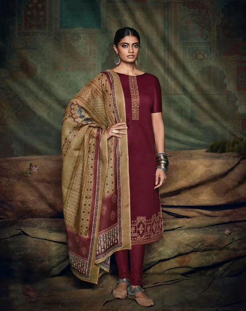 Maroon Unstitched Salwar Suits with Bandhani Dupatta