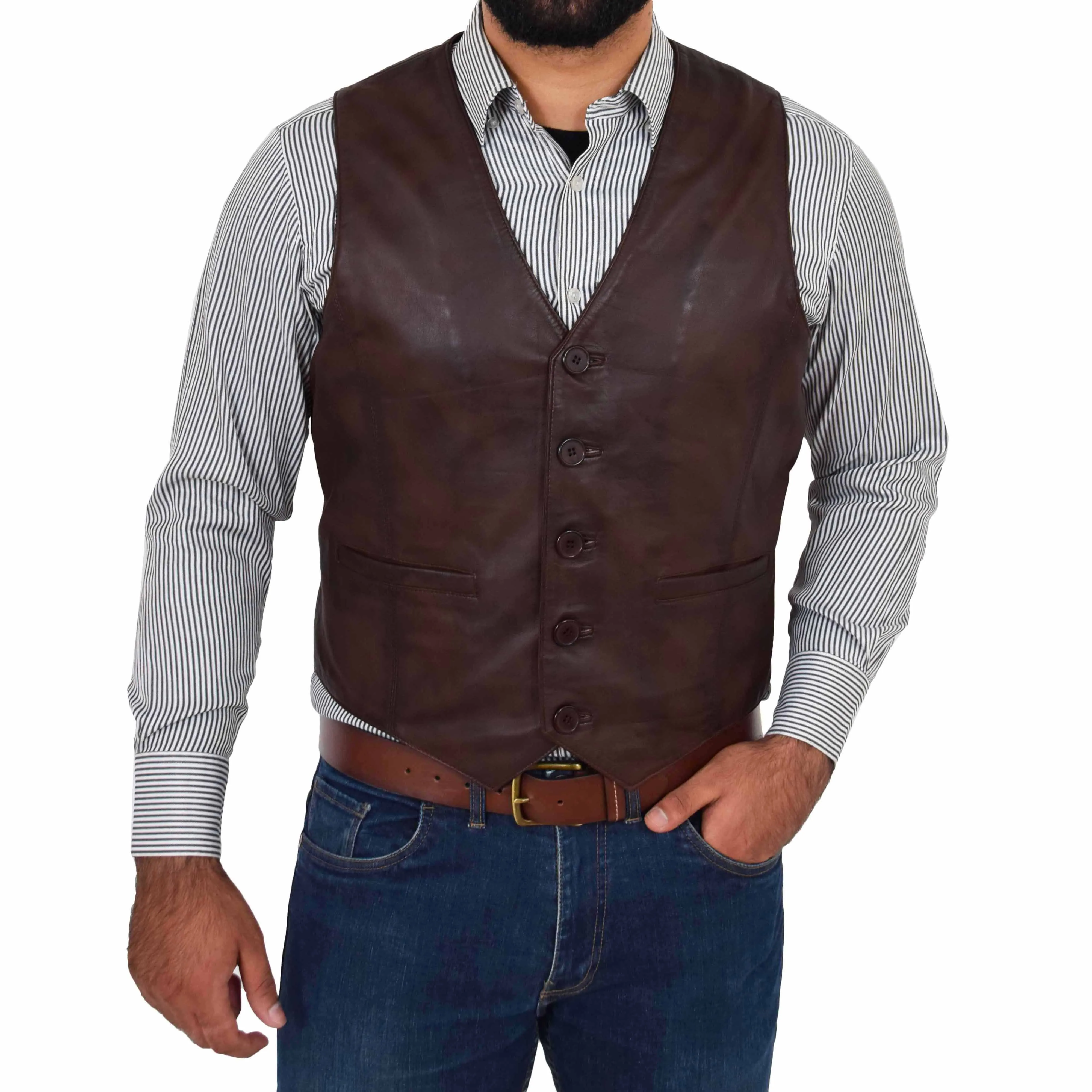 Mens Full Leather Waistcoat Gilet Traditional Smart Vest King Brown