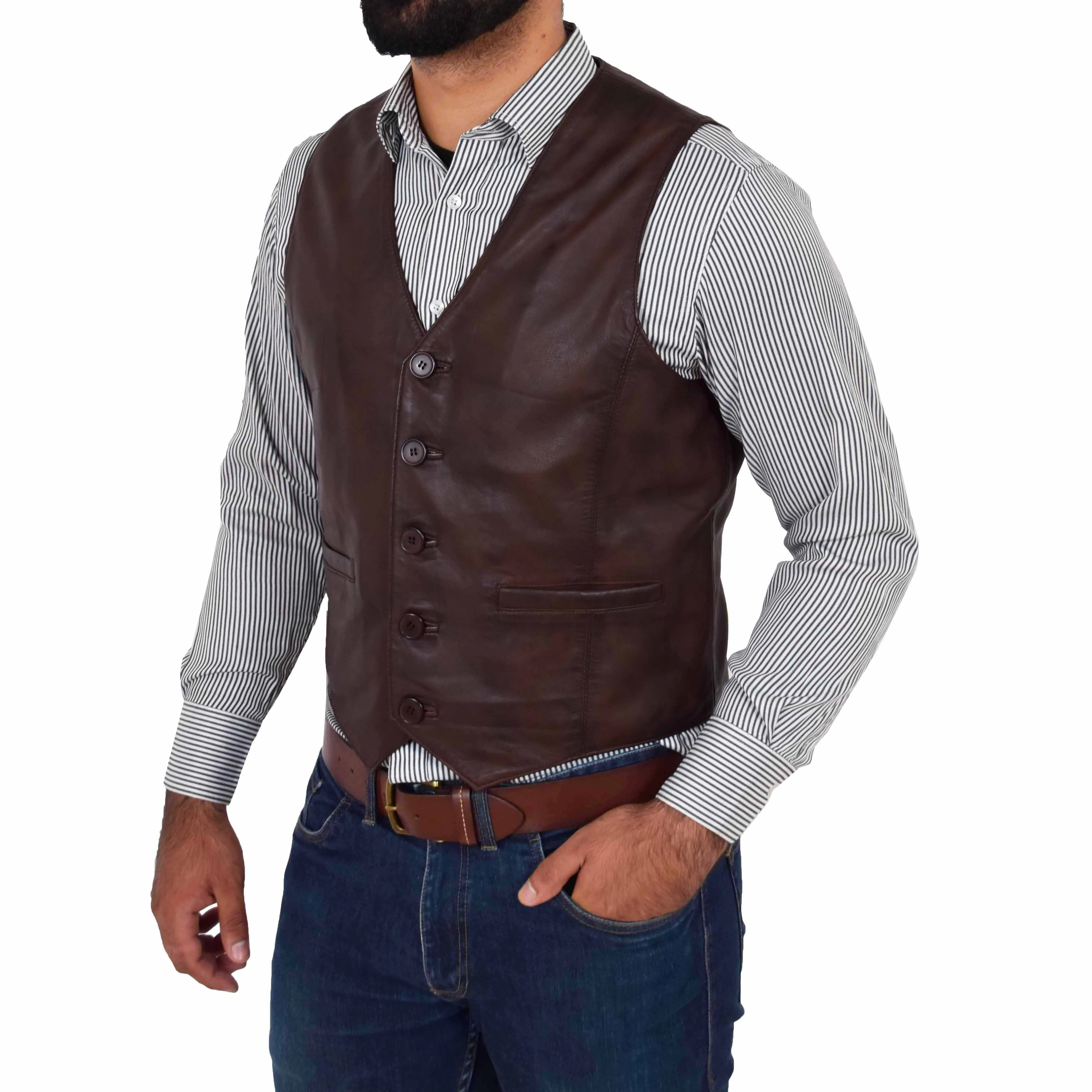 Mens Full Leather Waistcoat Gilet Traditional Smart Vest King Brown