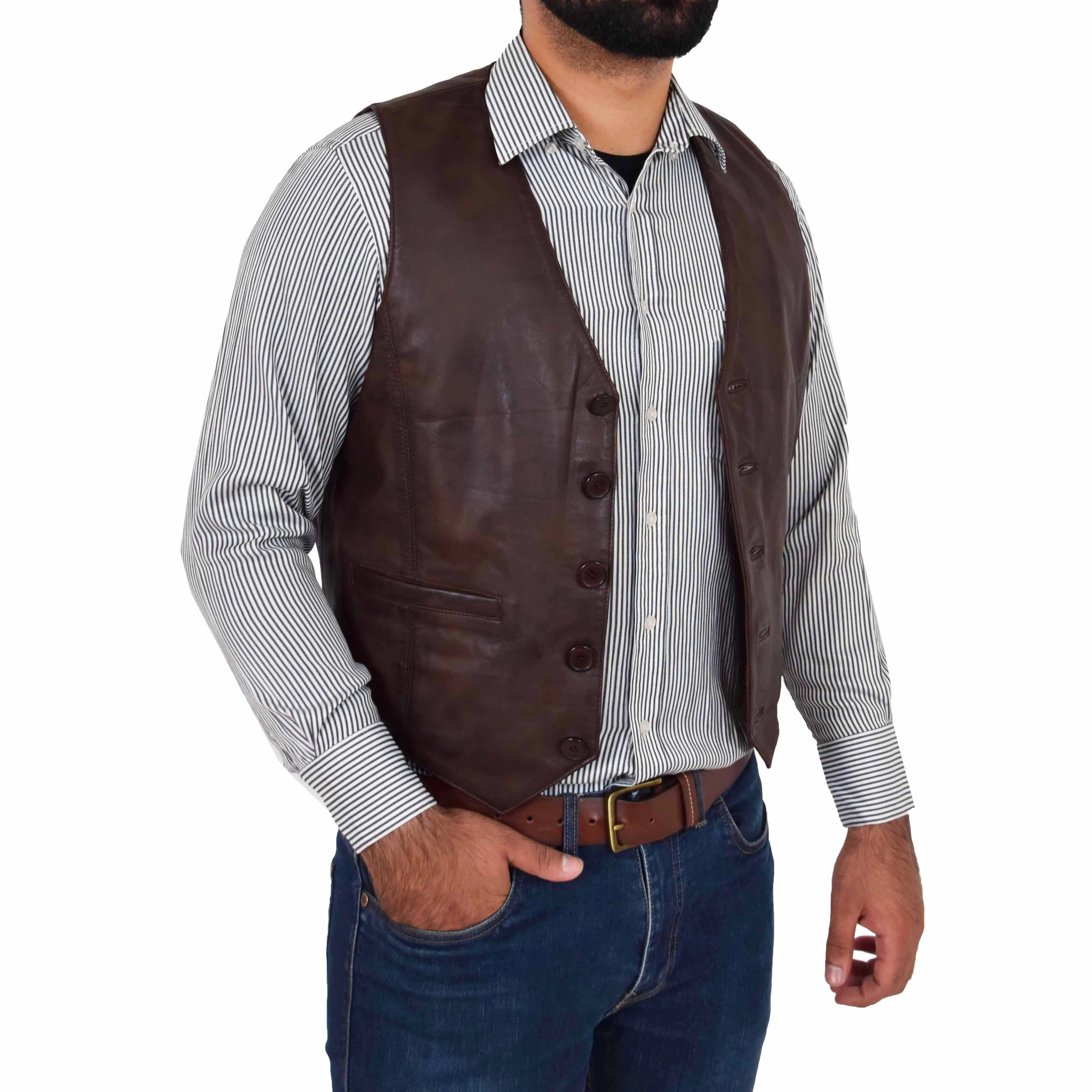 Mens Full Leather Waistcoat Gilet Traditional Smart Vest King Brown