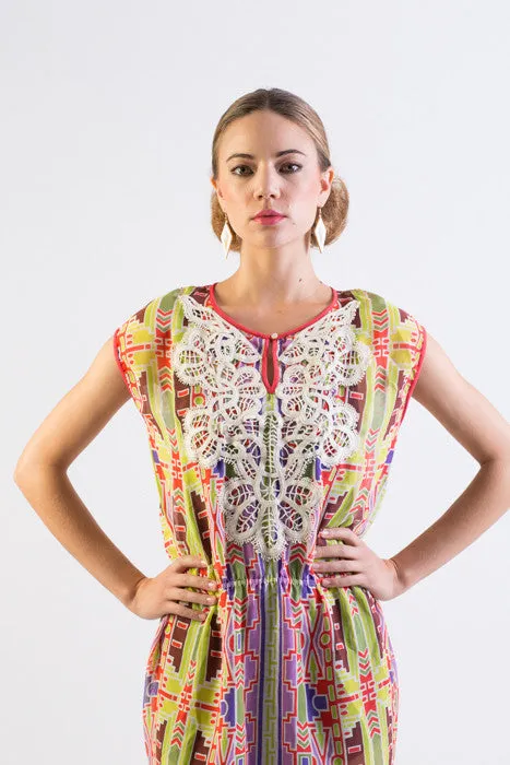 Multi-color tribal print chiffon short dress with lace details