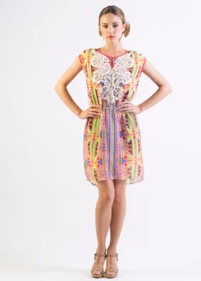 Multi-color tribal print chiffon short dress with lace details