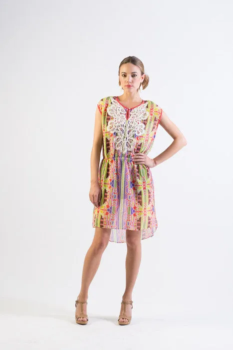 Multi-color tribal print chiffon short dress with lace details