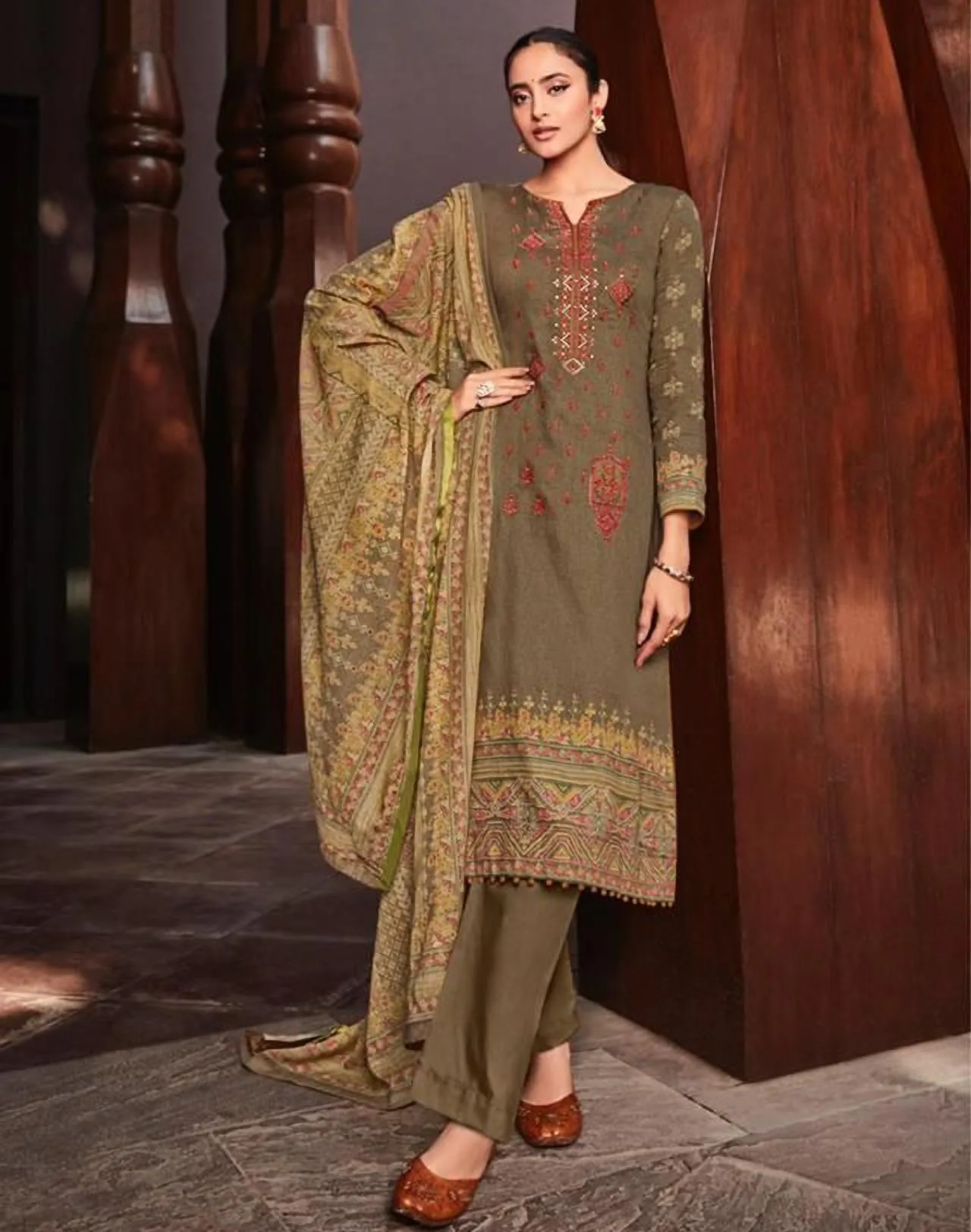 Mumtaz Arts Cotton Satin Unstitched Suits Material with Embroidery