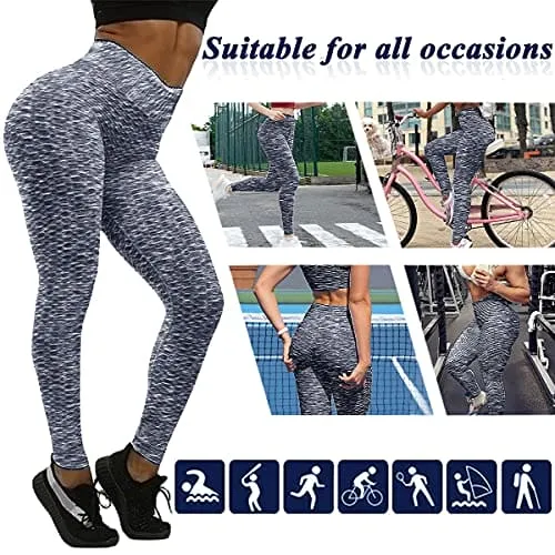 Murandick Textured Leggings for Women Scrunch High Waist Textured Yoga Workout Pants - Blue/Grey