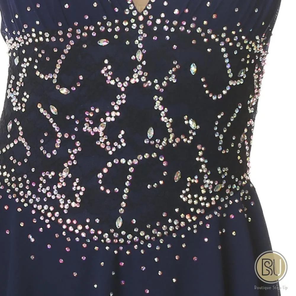 Navy Figure Skating Dress with Crystals Mesh Sleeves