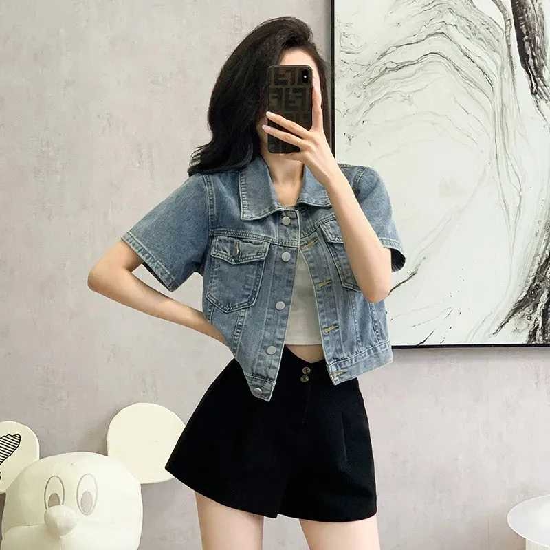 New 2024 Spring Summer Denim Coat Women Short Sleeve Blue Jeans Jackets Turn Down Collar Streetwear Cropped Jackets Womens