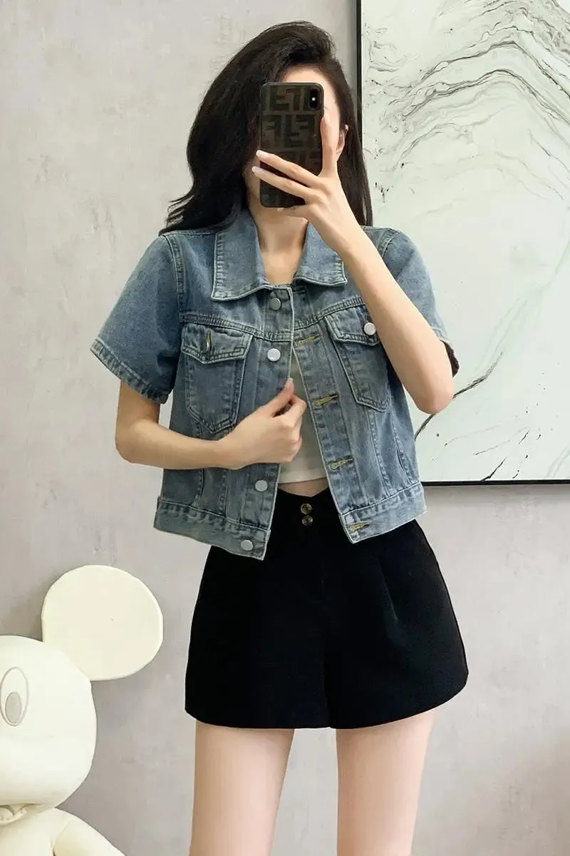 New 2024 Spring Summer Denim Coat Women Short Sleeve Blue Jeans Jackets Turn Down Collar Streetwear Cropped Jackets Womens