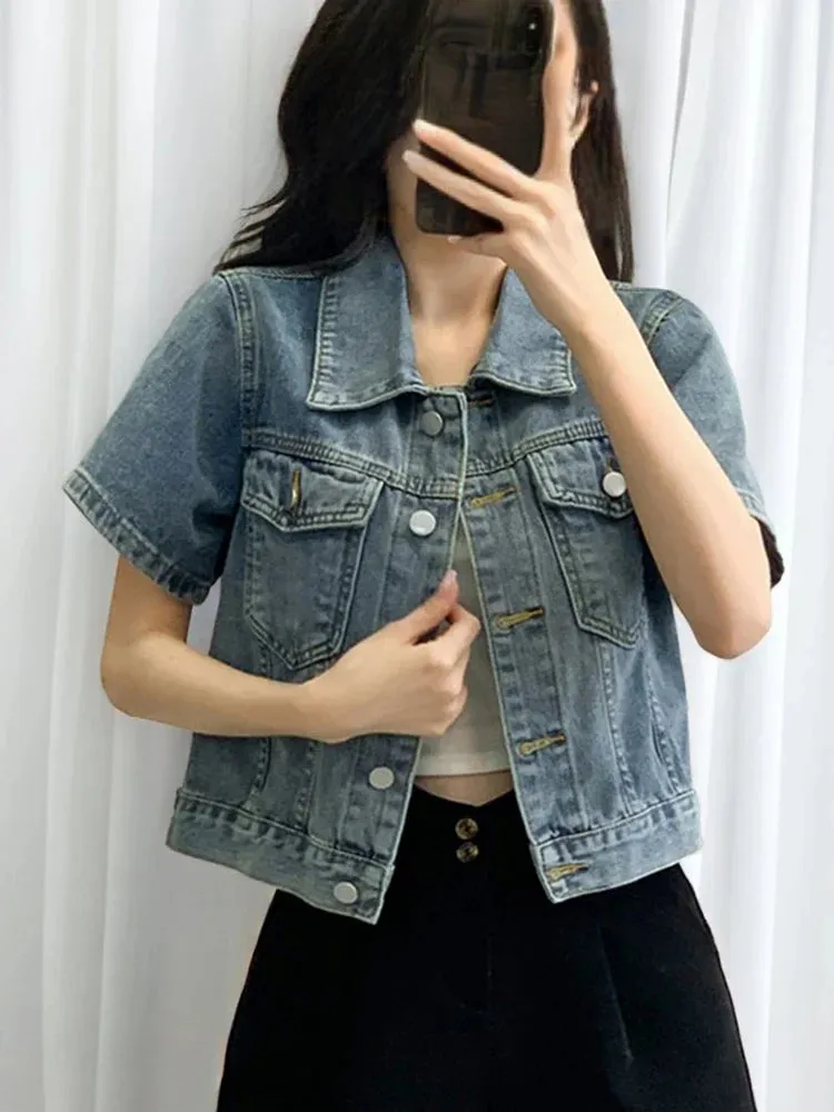 New 2024 Spring Summer Denim Coat Women Short Sleeve Blue Jeans Jackets Turn Down Collar Streetwear Cropped Jackets Womens