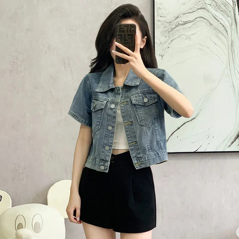 New 2024 Spring Summer Denim Coat Women Short Sleeve Blue Jeans Jackets Turn Down Collar Streetwear Cropped Jackets Womens