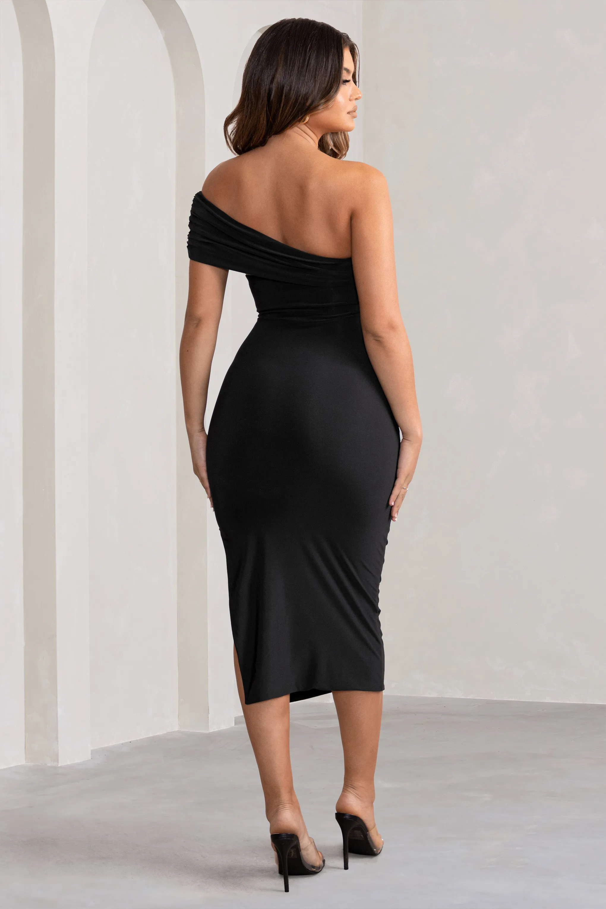 Odelia | Black One Shoulder Bardot Ruched Midi Dress