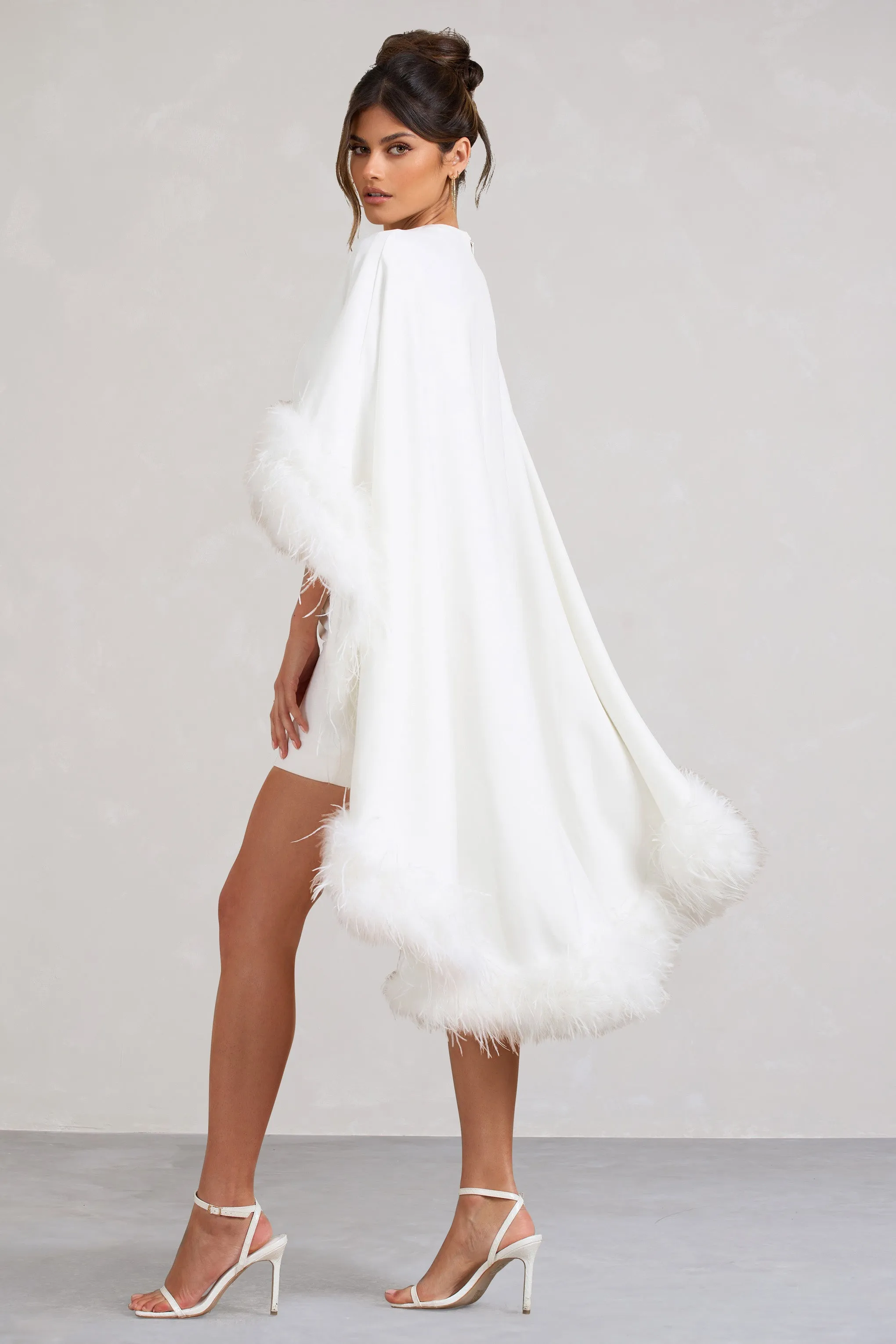 Of The Manor | White Gathered Mini Dress With Feather Cape