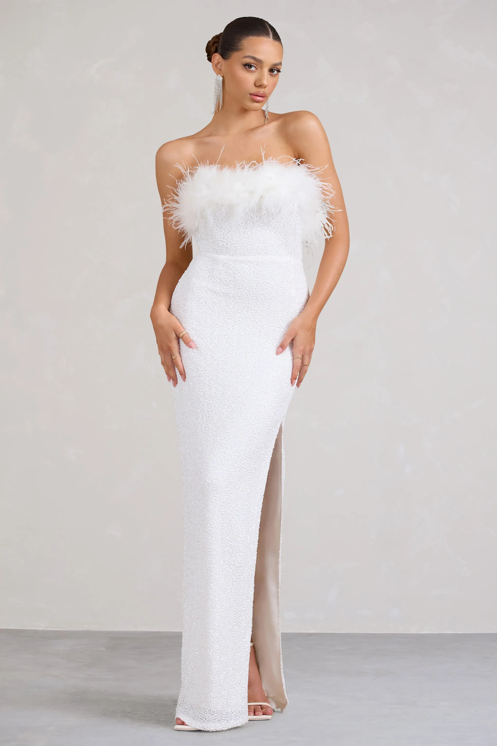 Old Money | White Bodycon Sequin Maxi Dress With Feather Trim