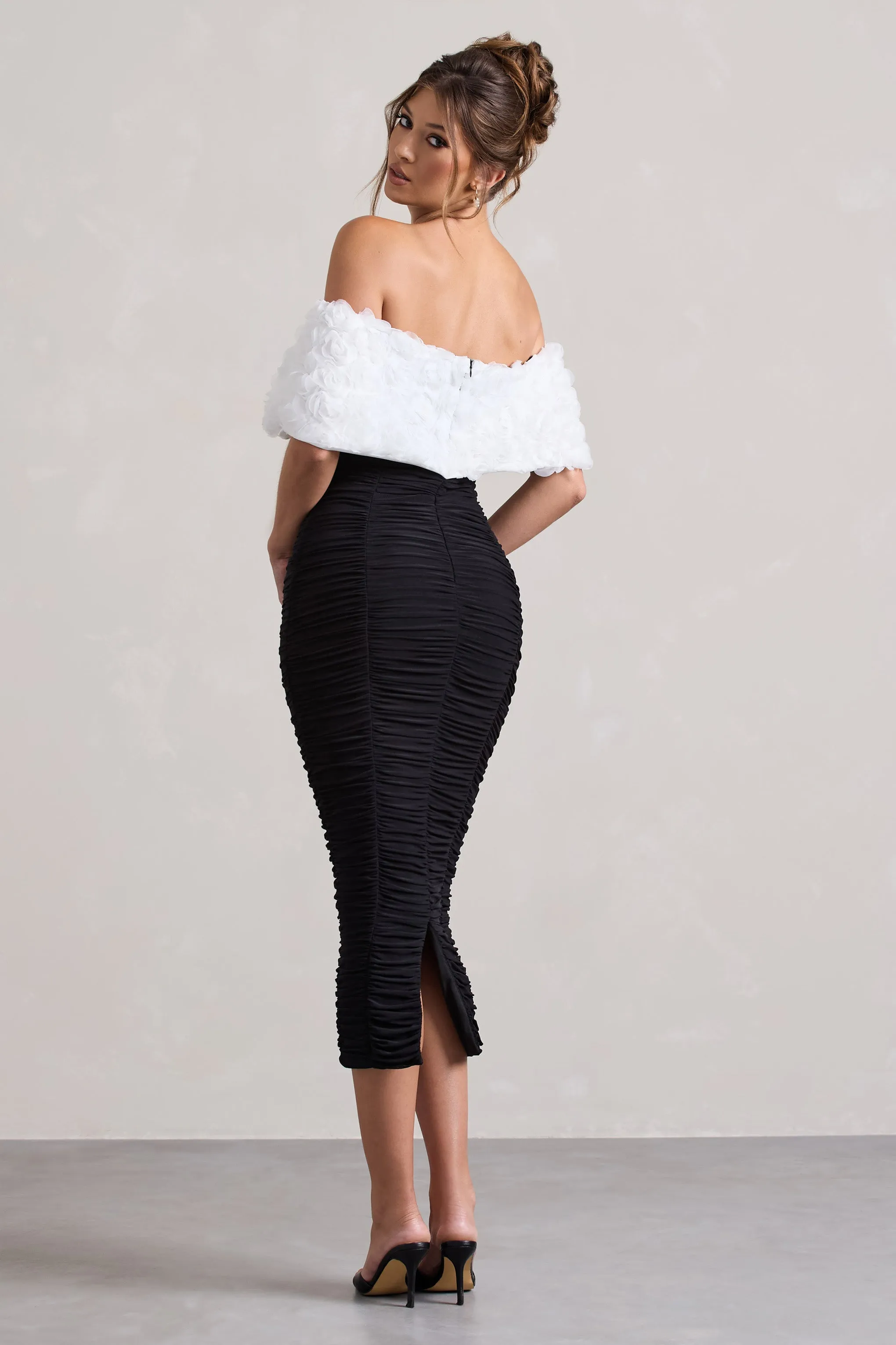 Olea | Black & White Ruched Bardot Midi Dress With Flowers