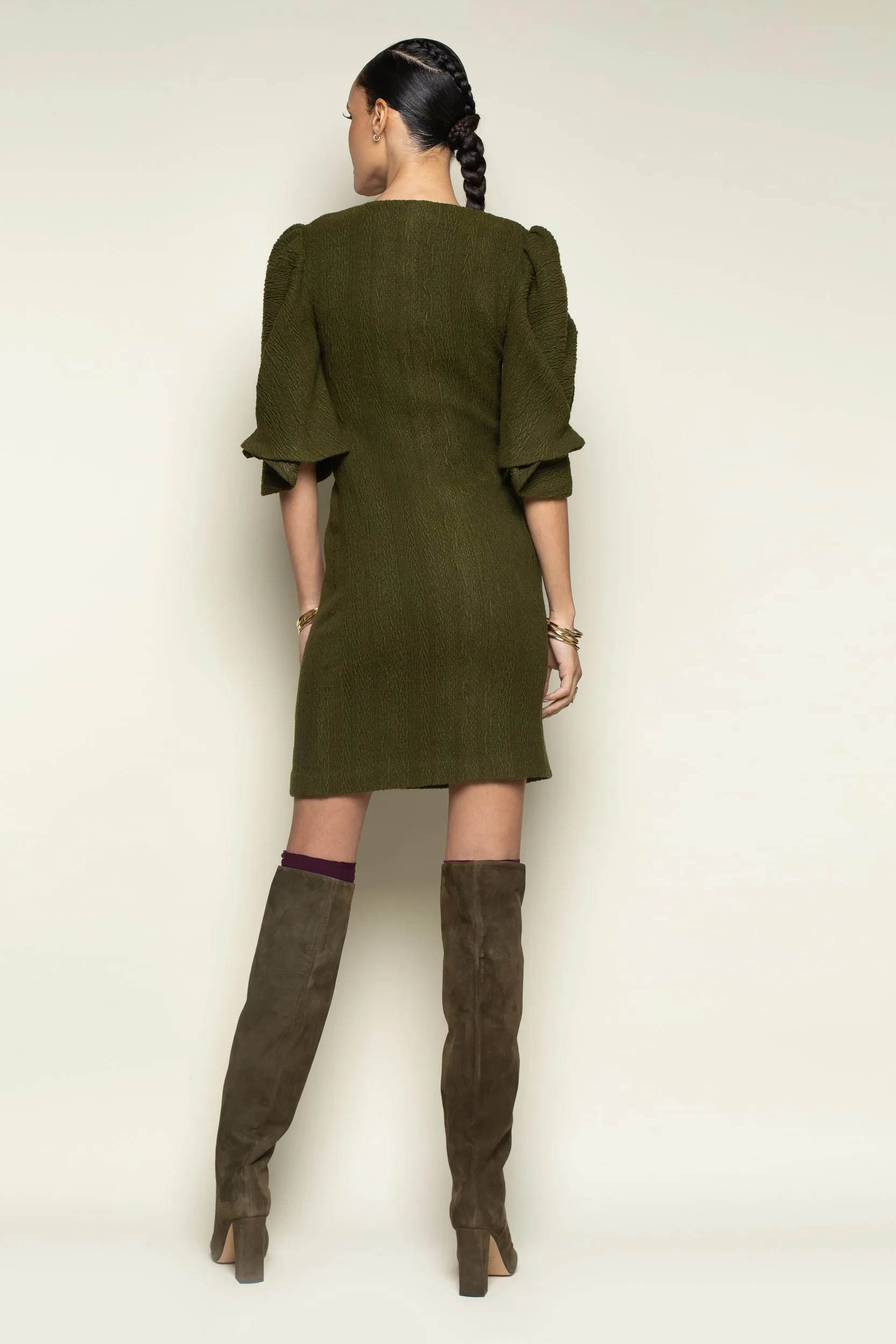 Olive Cable Knit Pleated Fan Sleeve Dress