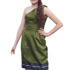 Olive Green and Blue Border Upcycled Silk Sari Dress