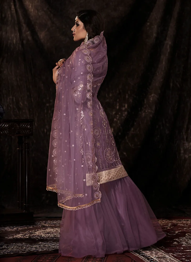 Onion Pink Color Elbow Sleeves Fully Sequins Work Sharara Suit