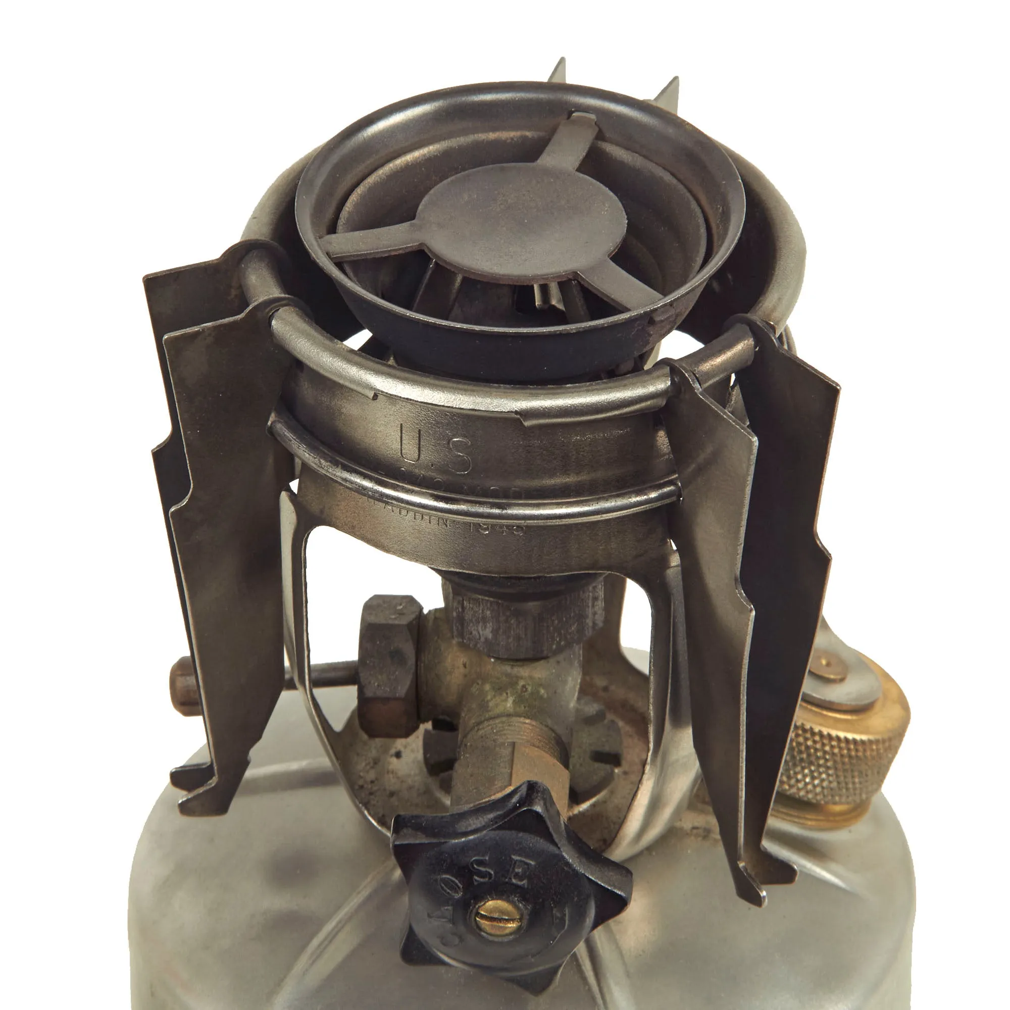 Original U.S. WWII M-1942 MOD Camp Stove by Aladdin in Bayonet "F" Canister - both dated 1945