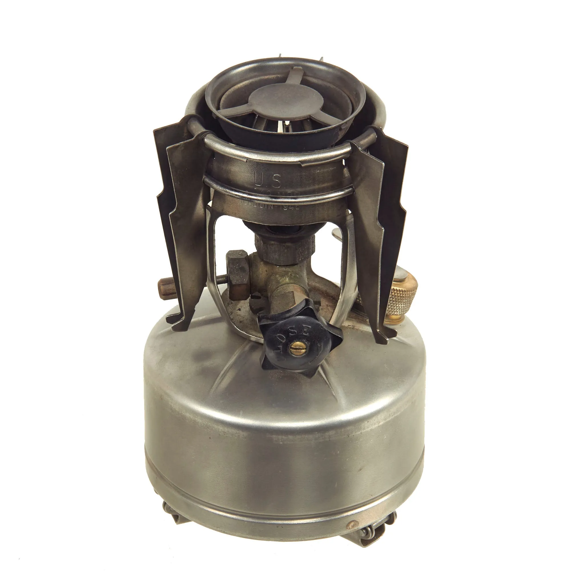 Original U.S. WWII M-1942 MOD Camp Stove by Aladdin in Bayonet "F" Canister - both dated 1945