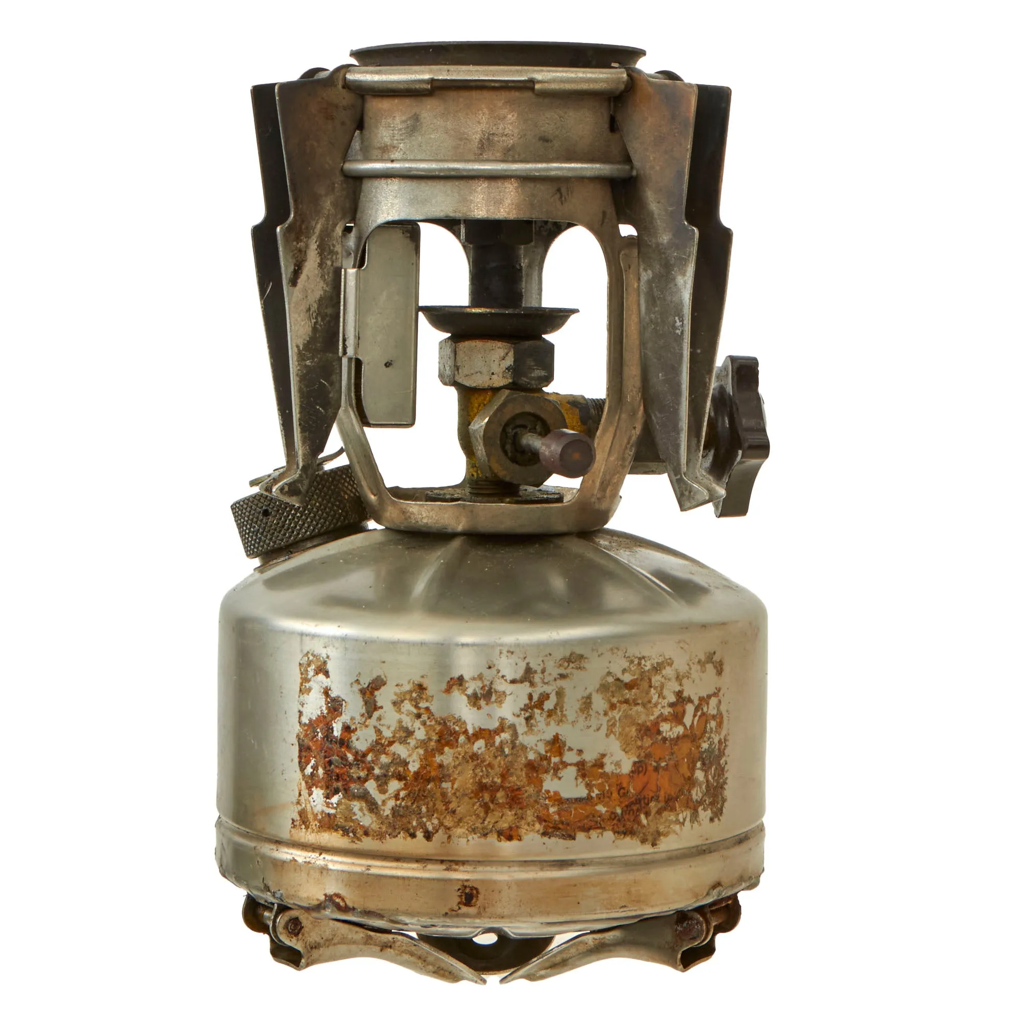 Original WWII U.S. Issue Aladdin Company Gasoline Camp Mountain Stove in Bayonet "F" Canister - both dated 1945