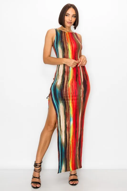 Painted Print Sleeveless Bodycon Maxi Dress with Side Slit