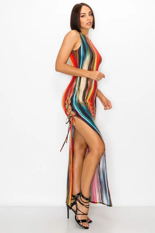 Painted Print Sleeveless Bodycon Maxi Dress with Side Slit