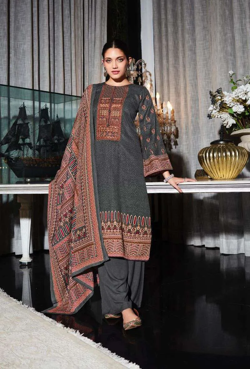 Pashmina Unstitched Dark Grey Winter Suits With Neck Embroidery