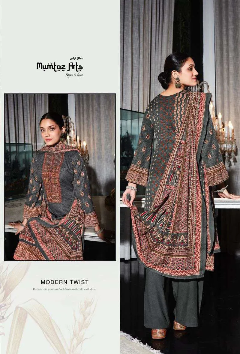 Pashmina Unstitched Dark Grey Winter Suits With Neck Embroidery