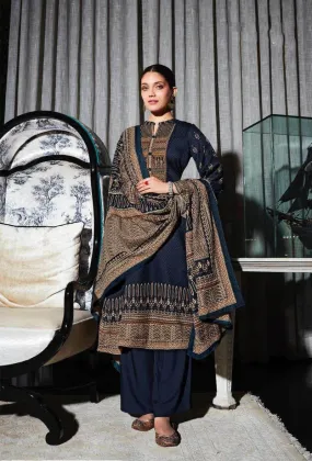 Pashmina Unstitched Dark Navy Blue Winter Suits Set