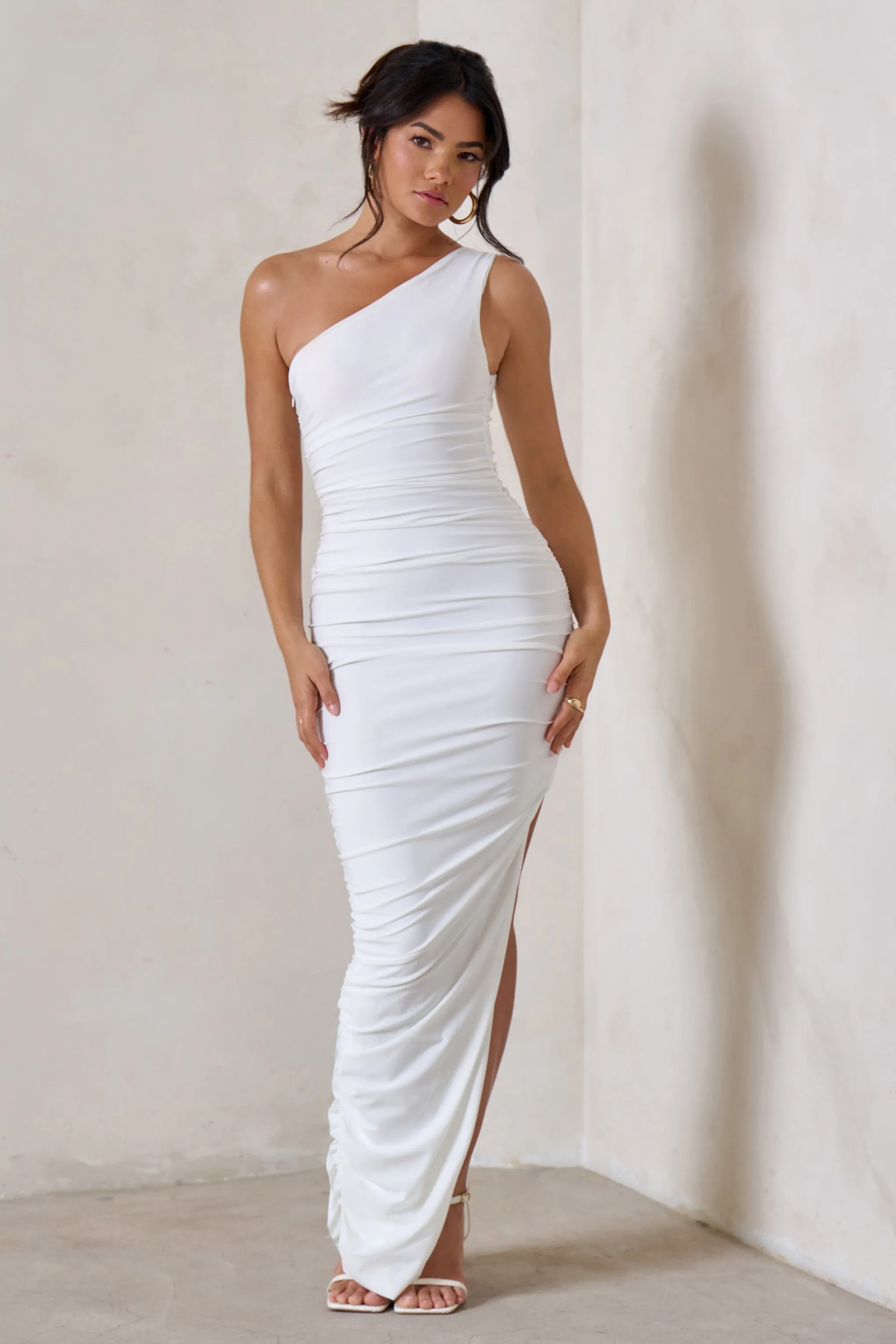 Persia | White One Shoulder Side Split Ruched Maxi Dress