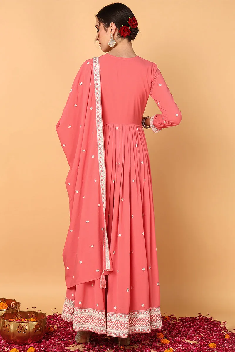 Pink Georgette Embroidered Thread Work Flared Kurta Set