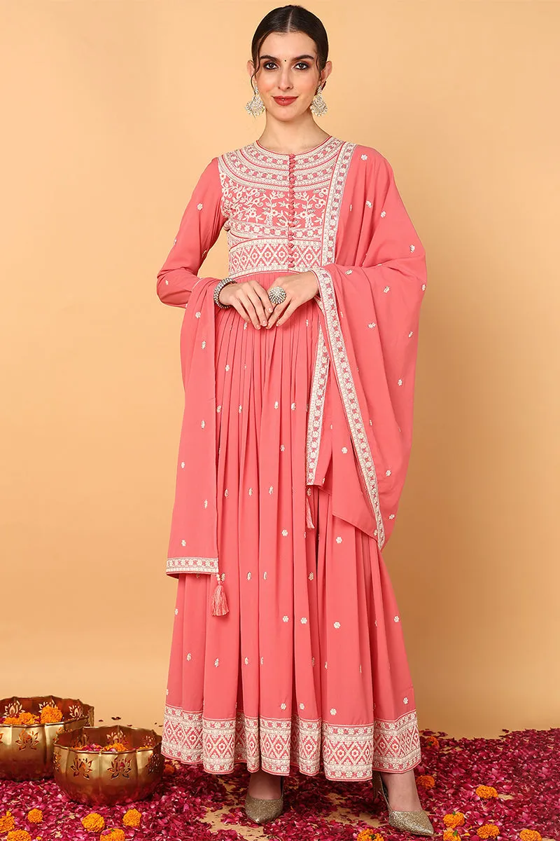 Pink Georgette Embroidered Thread Work Flared Kurta Set